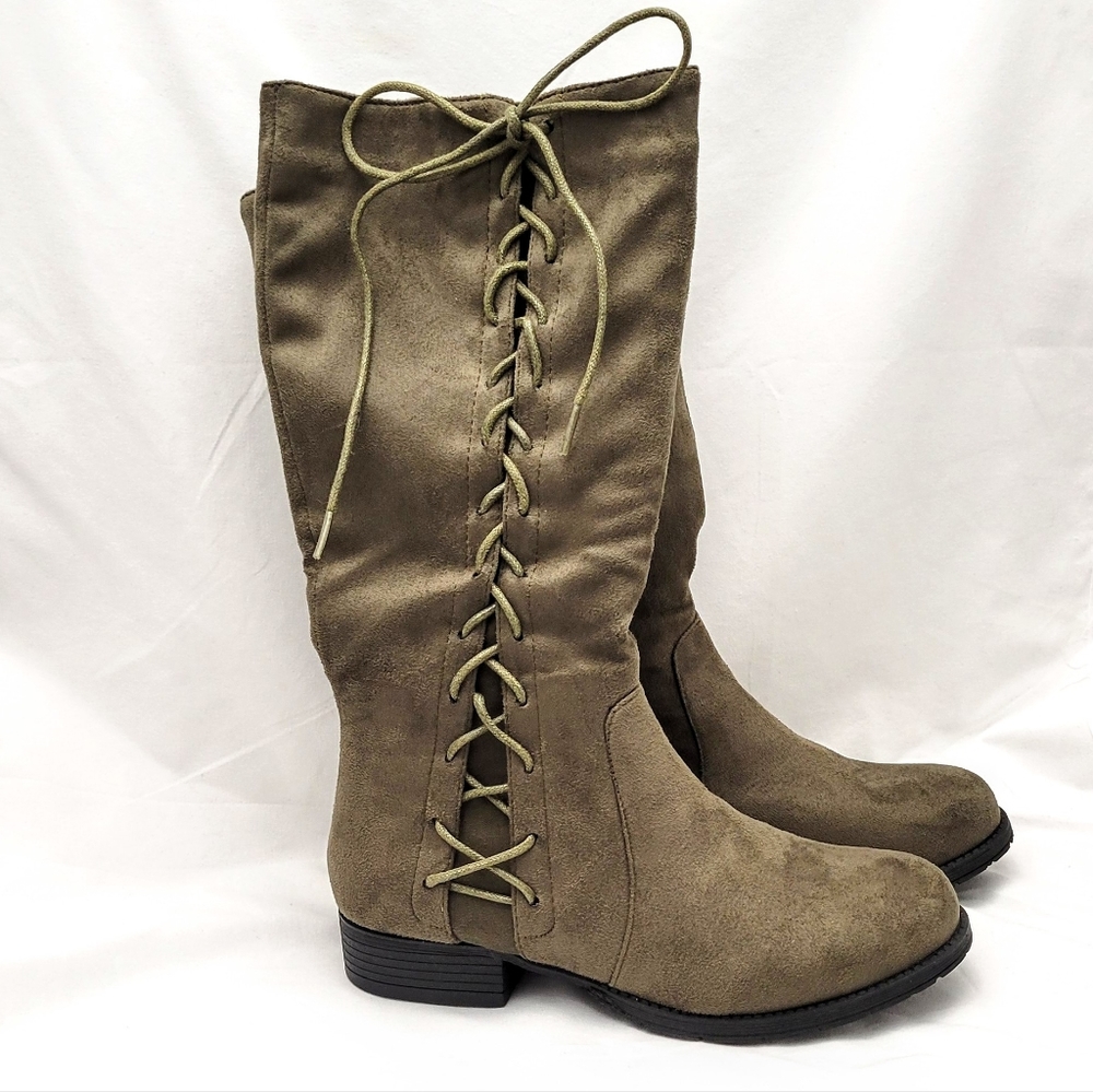 Bella Marie Olive Army Green Tall Boots Lace Up Zip